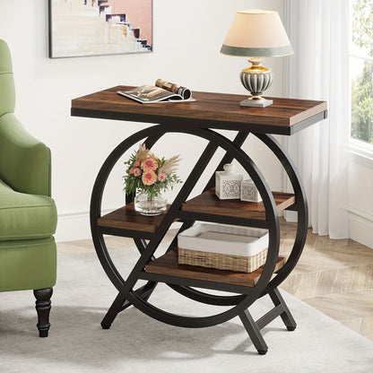 Nutshell Rustic Brown Vintage Entryway Table with circular metal frame and wooden shelves
