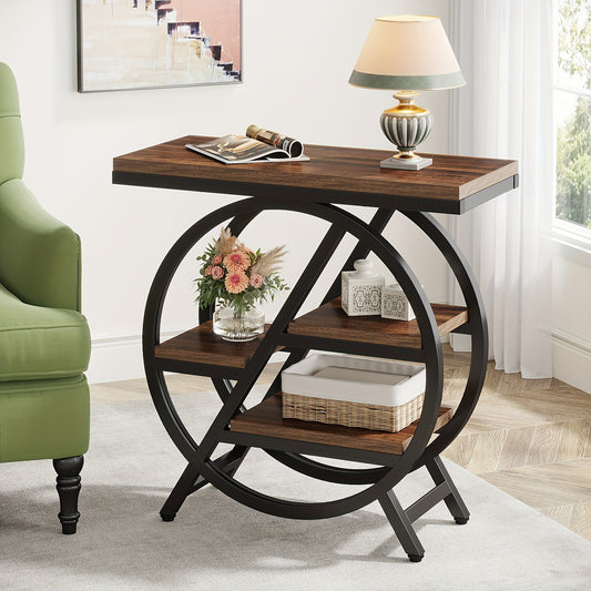 Nutshell Rustic Brown Vintage Entryway Table with circular metal frame and wooden shelves