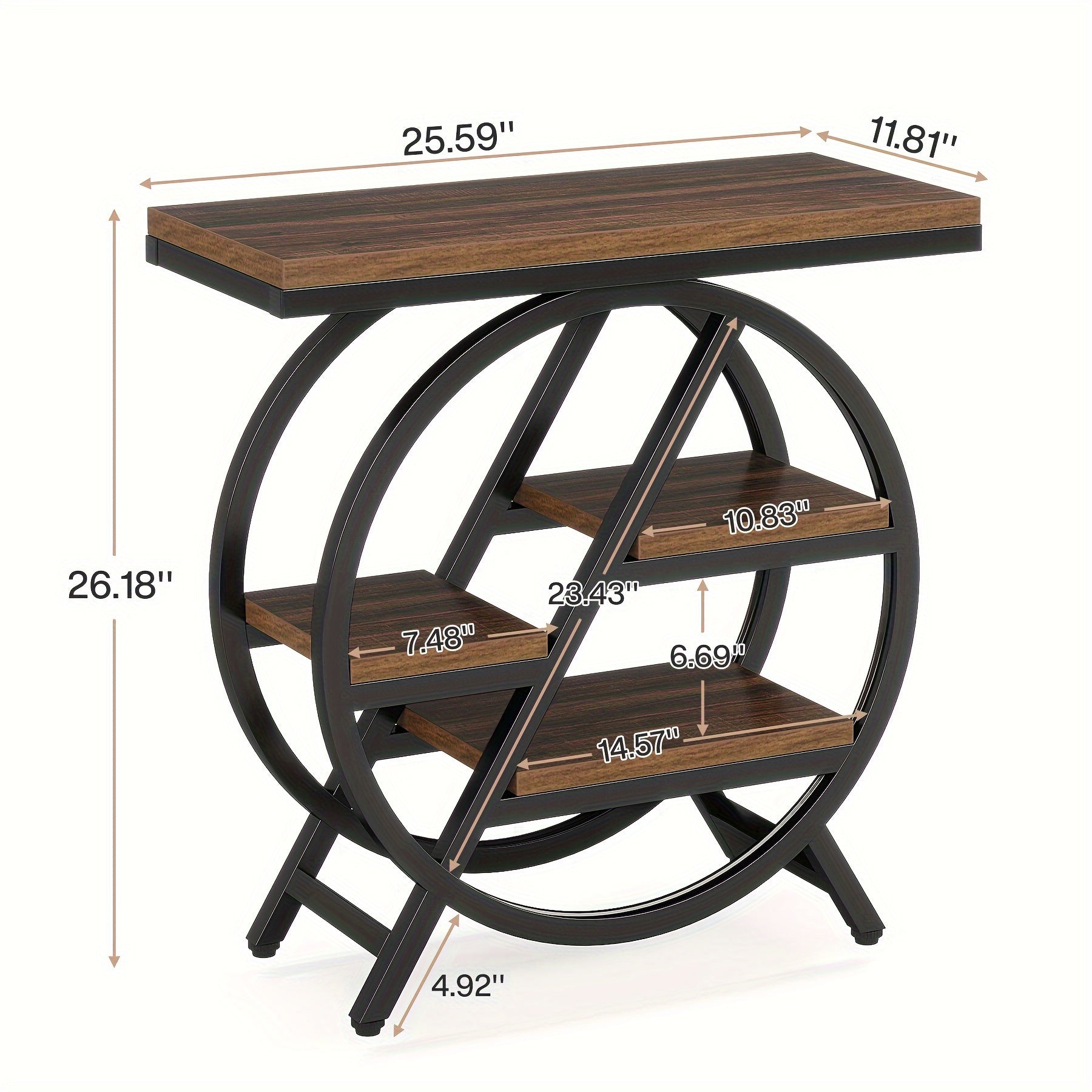 Rustic Brown Vintage Entryway Table by Nutshell with circular metal frame and three wooden shelves