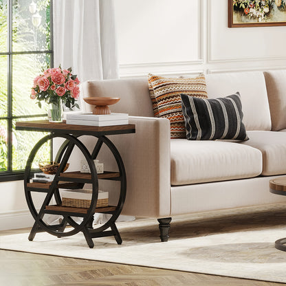 Rustic Brown Vintage Entryway Table by Nutshell with round metal frame and wooden shelves next to beige sofa
