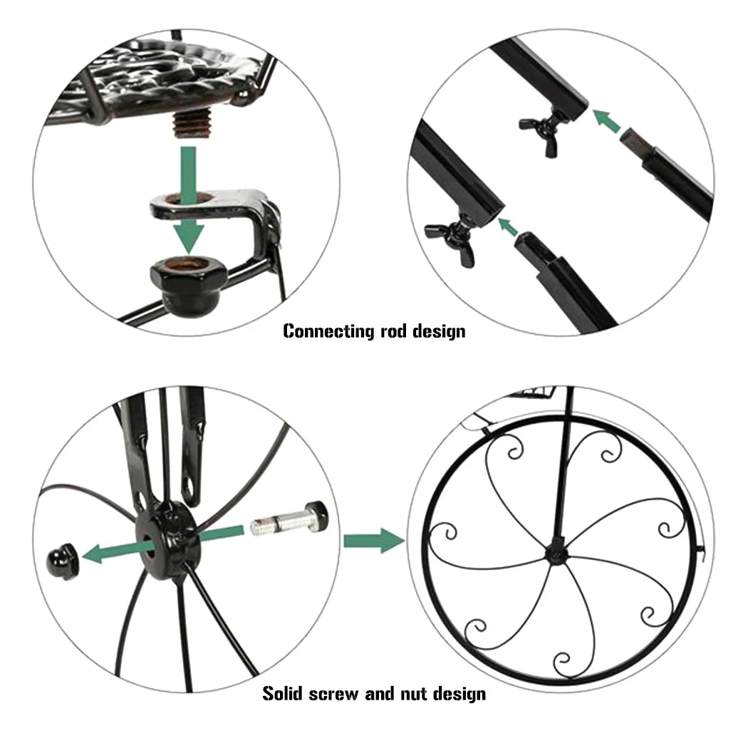 Close-up assembly details of rustic iron flower stand showing connecting rod and solid screw nut design