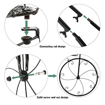 Close-up assembly details of rustic iron flower stand showing connecting rod and solid screw nut design