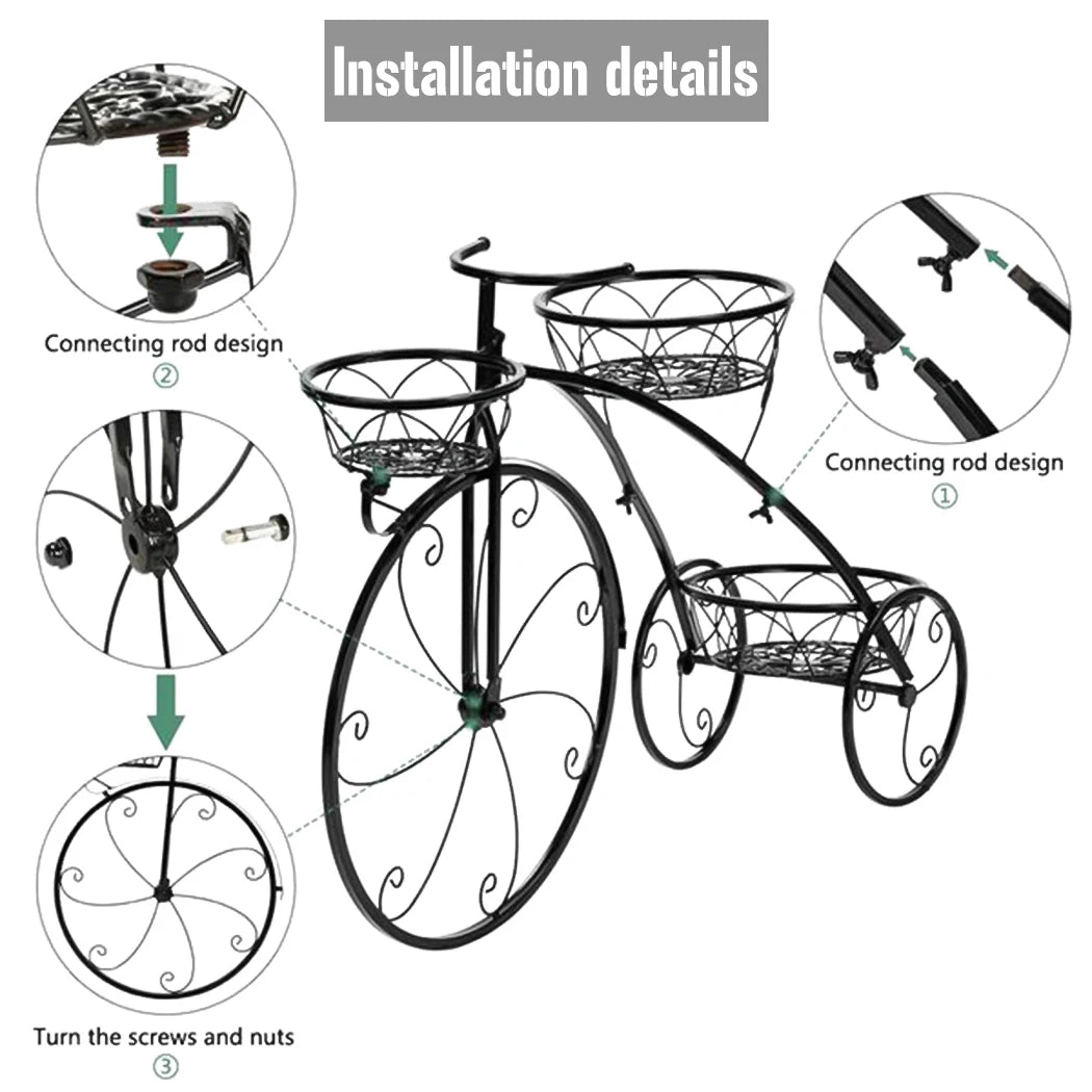 Nutshell garden rustic iron flower stand showing installation details and connecting rod design