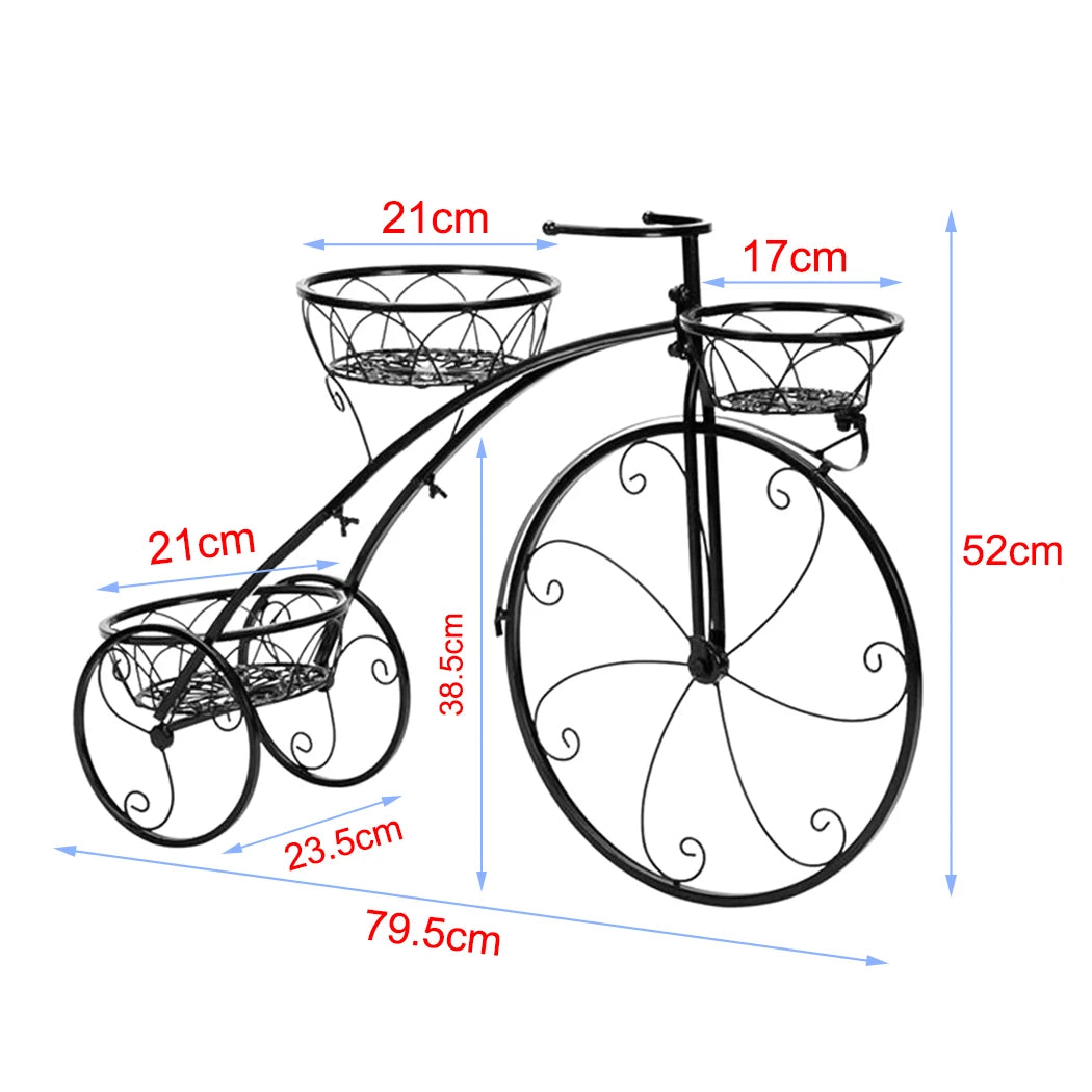 Nutshell rustic iron flower stand shaped like a vintage bicycle with three planter baskets