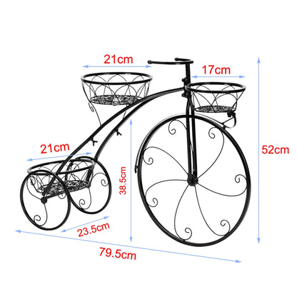 Nutshell rustic iron flower stand shaped like a vintage bicycle with three planter baskets