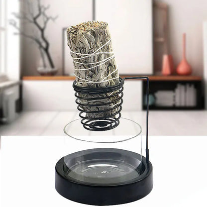 Nutshell black metal sage incense burner with spiral holder and glass tray for burning sage sticks