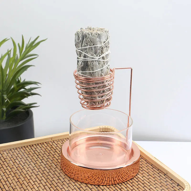 Nutshell copper sage incense burner with glass holder and spiral design for burning sage sticks
