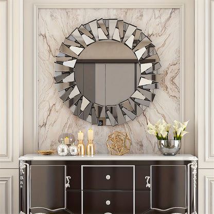 Nutshell silver beveled decorative mirror with geometric frame hanging above console table
