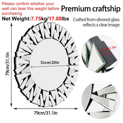 Nutshell silver beveled decorative mirror round with unique geometric frame and clear reflective glass