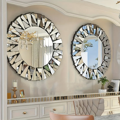 Nutshell silver beveled decorative mirror with geometric frame design hanging on wall