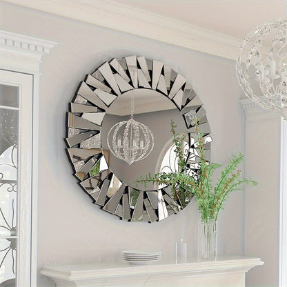 Nutshell silver beveled decorative mirror with geometric frame hanging above white mantel with plants