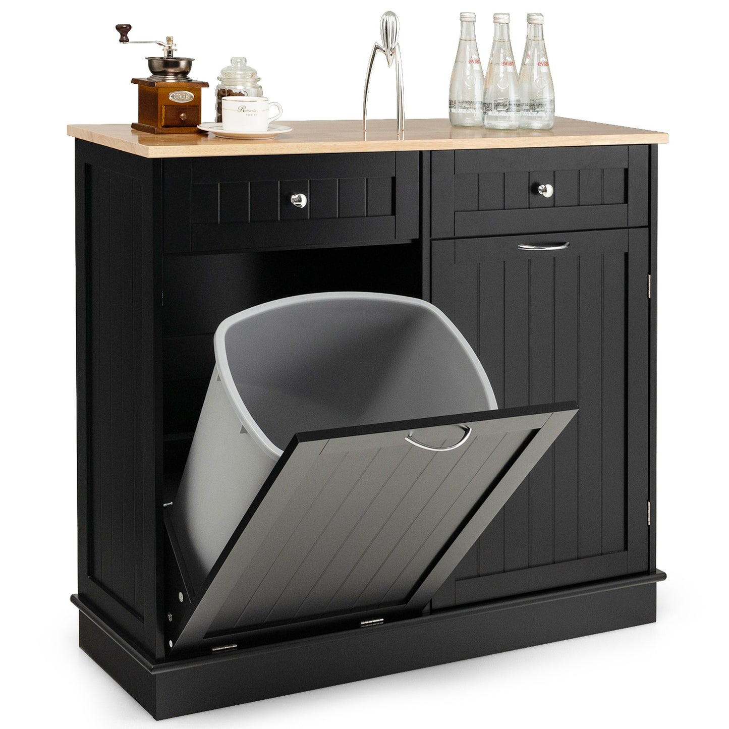 Nutshell black wood kitchen cabinet with natural top and tilt-out trash cabinet compartment