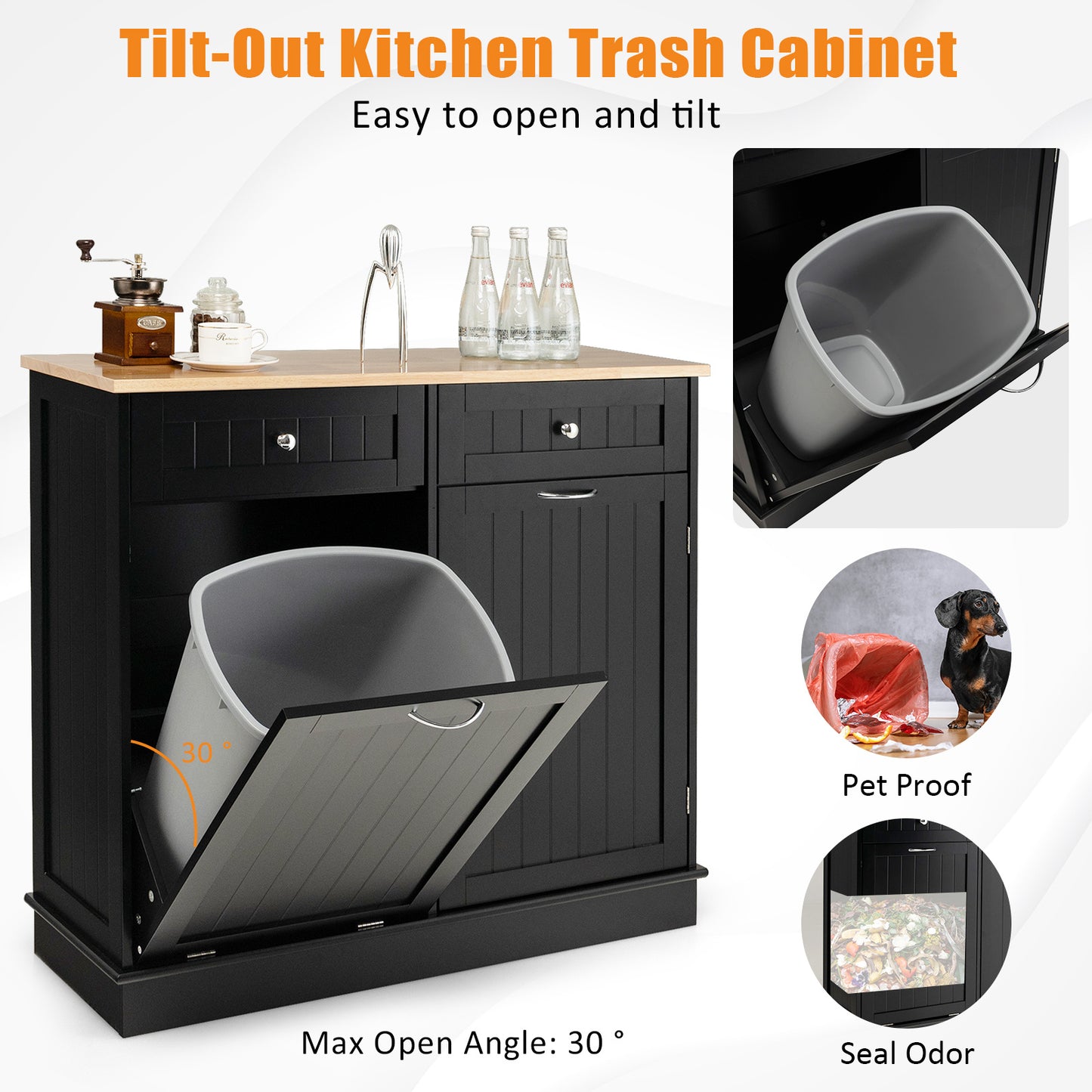 Nutshell black wooden tilt-out trash cabinet with a removable inner bin and easy tilt mechanism