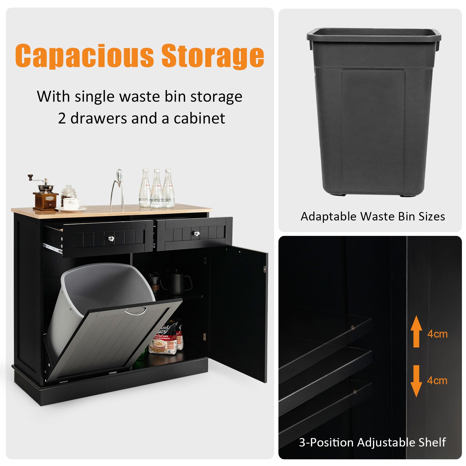 Nutshell black tilt-out trash cabinet with two drawers, adjustable shelves, and adaptable waste bin sizes