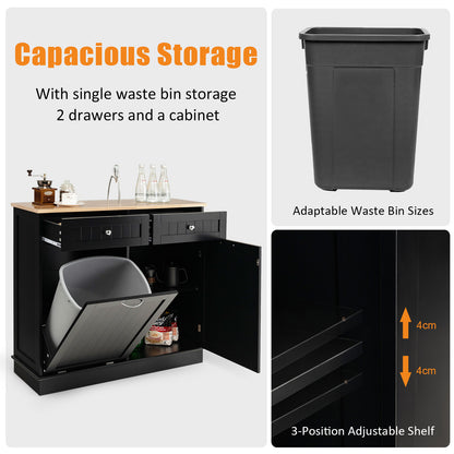 Nutshell black tilt-out trash cabinet with two drawers, adjustable shelves, and adaptable waste bin sizes