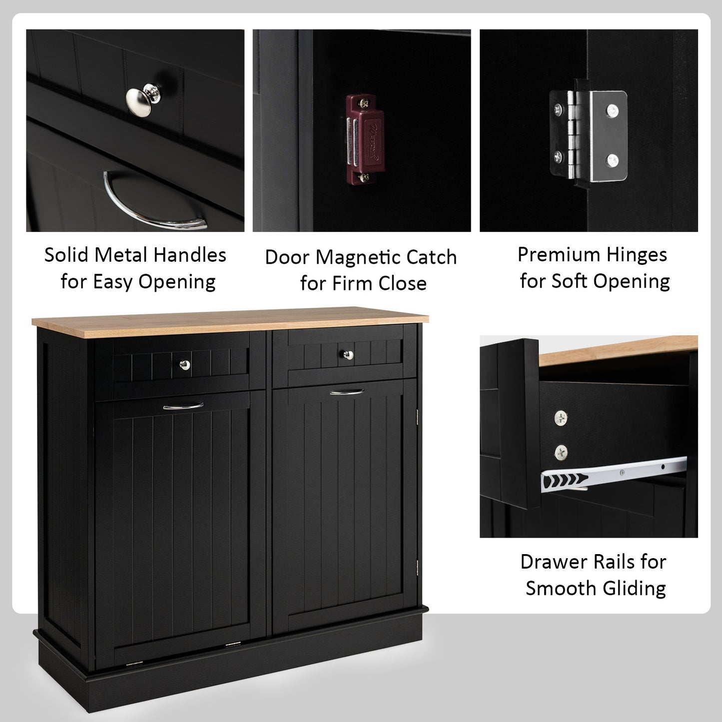 Nutshell black tilt-out trash cabinet with solid metal handles, magnetic catch, and premium hinges
