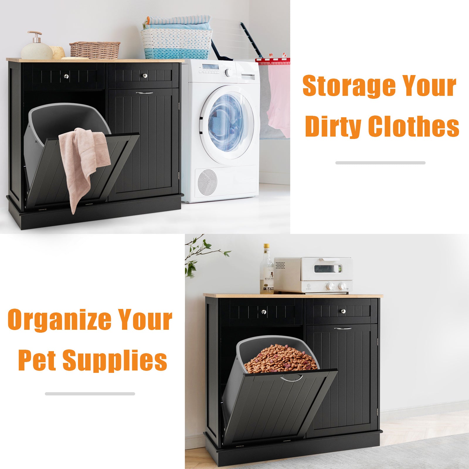 Nutshell black tilt-out trash cabinet used for storing laundry and pet supplies in a modern home
