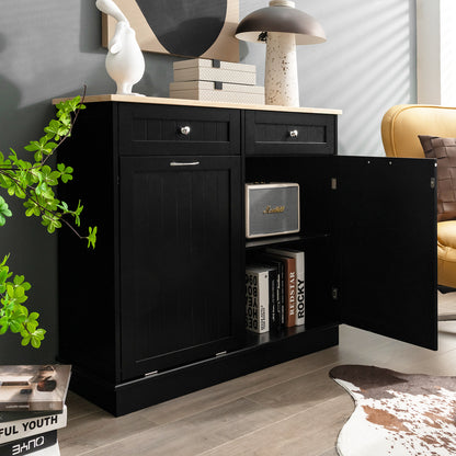 Nutshell black tilt-out trash cabinet with open door showing storage space and wooden countertop