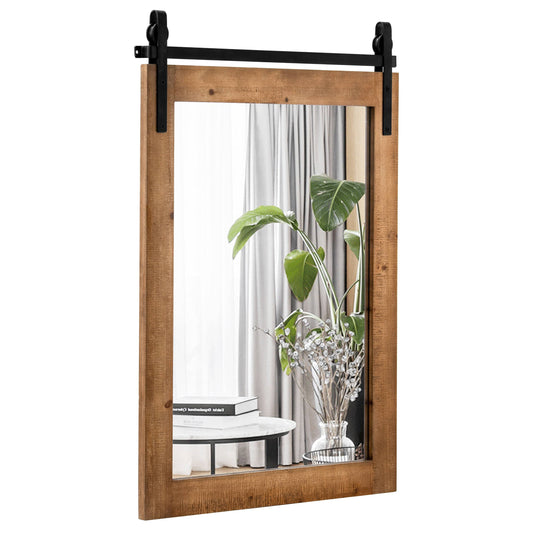 Nutshell wall-mounted wooden vanity mirror with sliding hardware and rustic wood frame