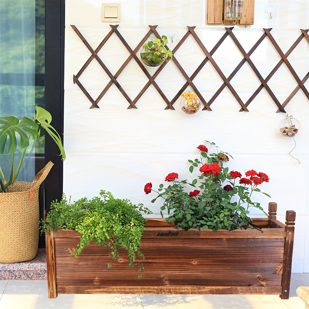 Wooden Rectangular Planter Box Raised Garden with vibrant flowers and greenery for outdoor decor