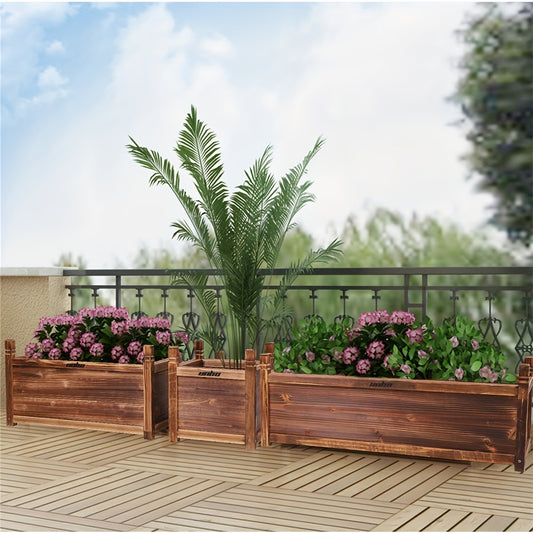 Nutshell Wooden Rectangular Planter Box Raised Garden with beautiful flowers and greenery on a patio