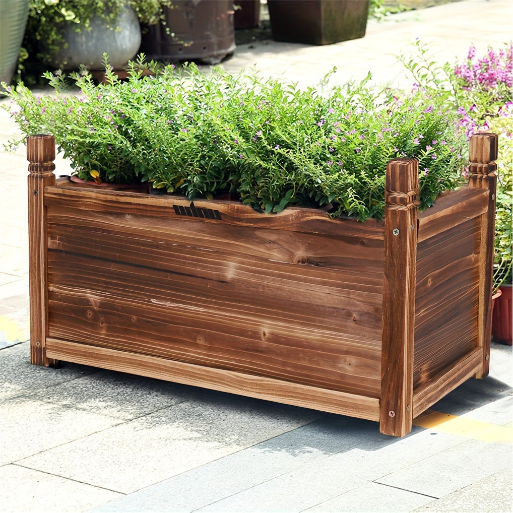 Wooden Rectangular Planter Box Raised Garden with Vibrant Green Plants for Outdoor Spaces