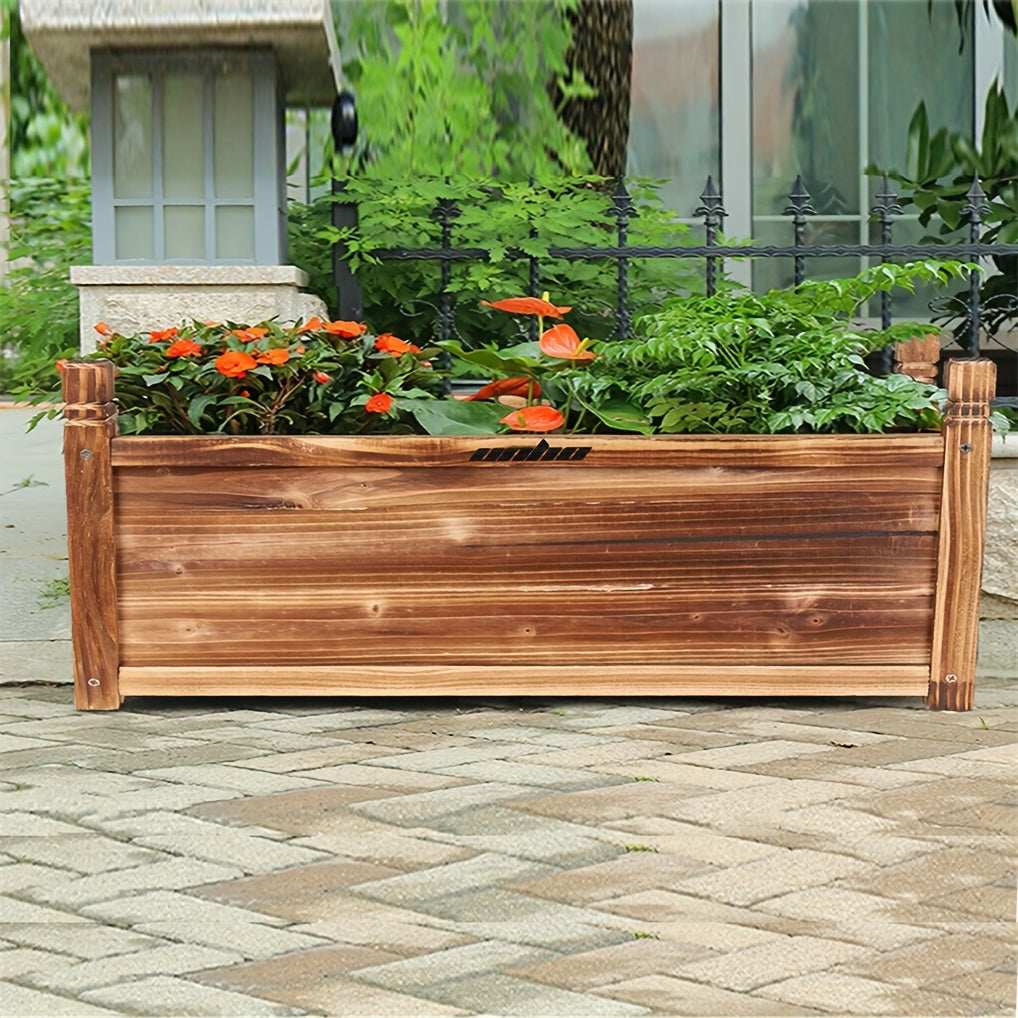 Nutshell Wooden Rectangular Planter Box Raised Garden with vibrant flowers and lush greenery