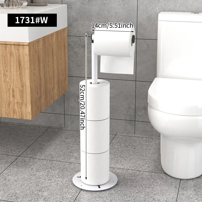 Vertical folding tissue holder in white standing beside a wooden cabinet in a modern bathroom setting