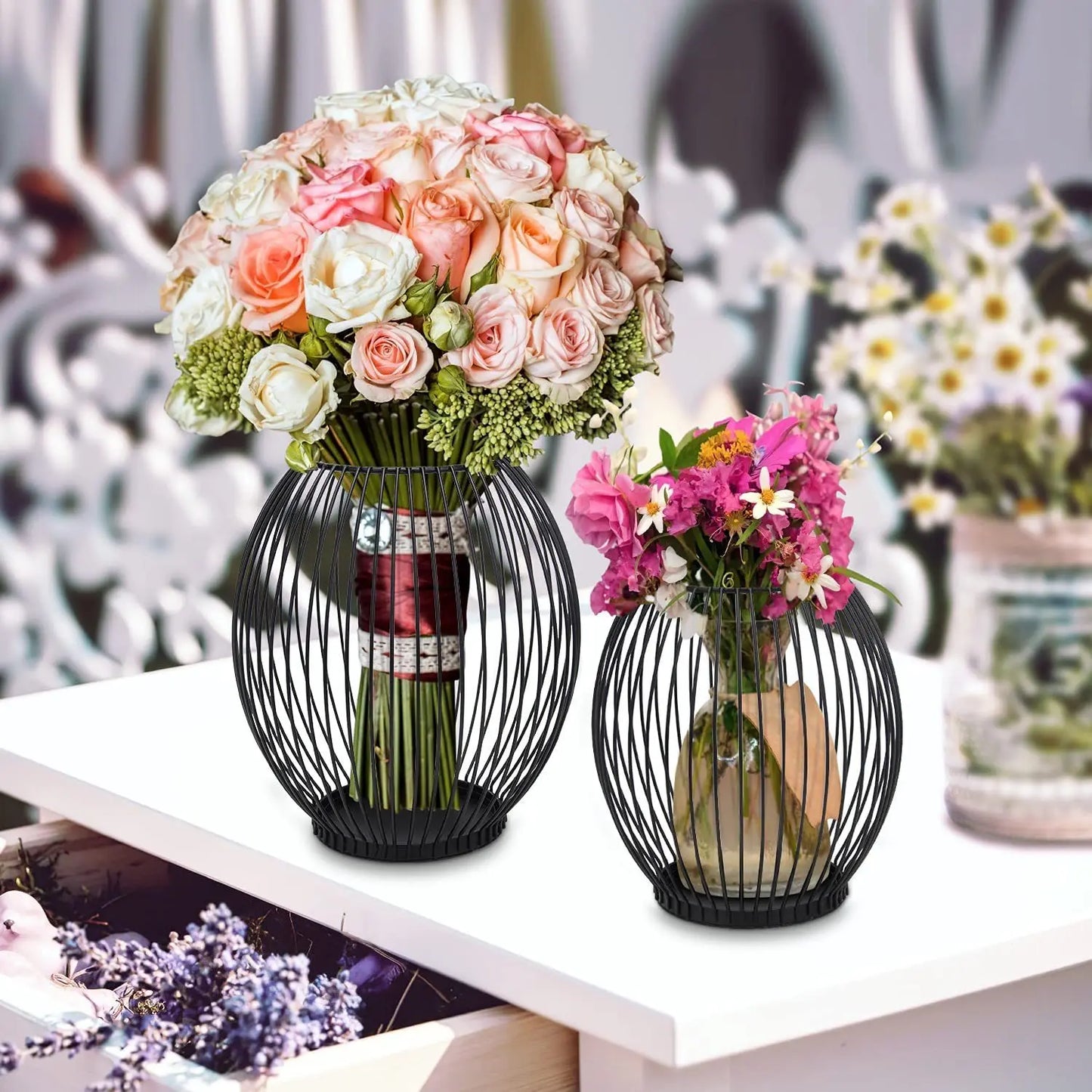 Nutshell vintage candle holder lanterns in black wire design, perfect for floral arrangements