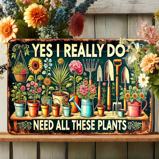 Vintage garden metal sign featuring colorful flowers and gardening tools with a playful message