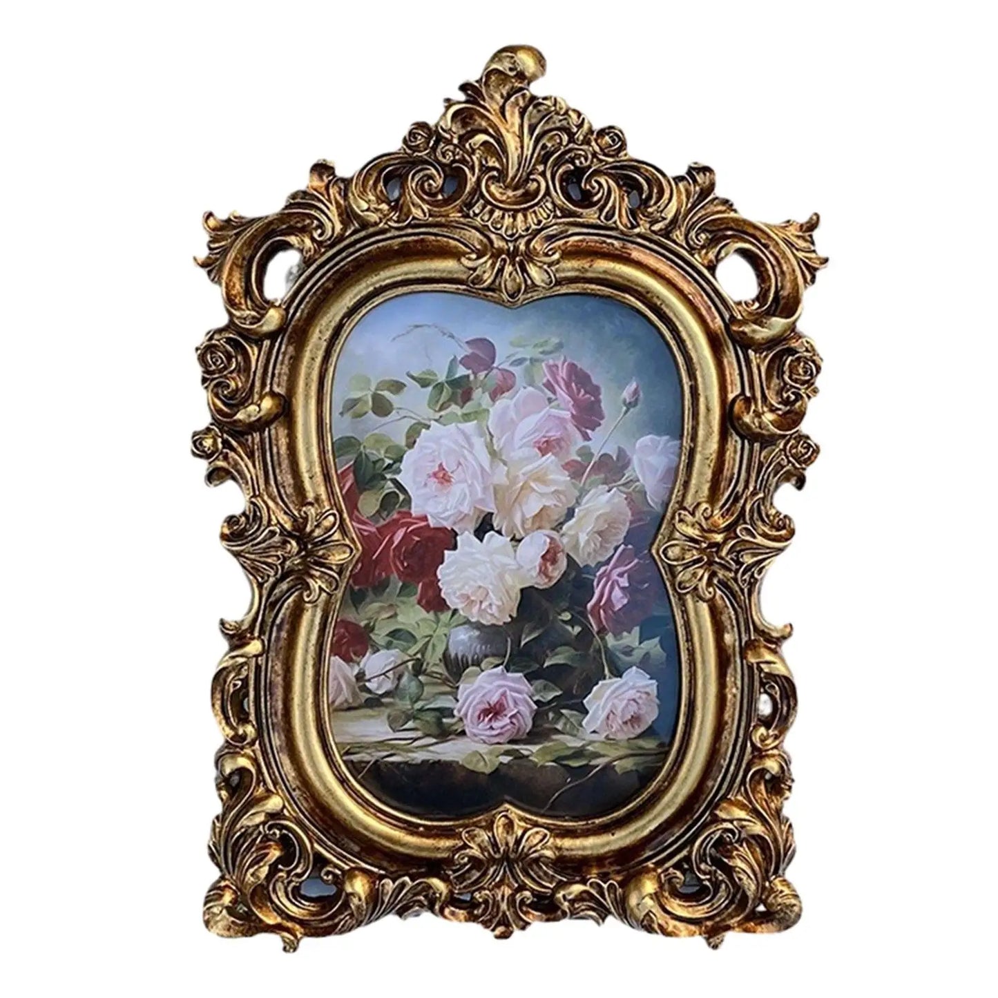 Vintage gold resin photo frame with intricate baroque design showcasing floral artwork