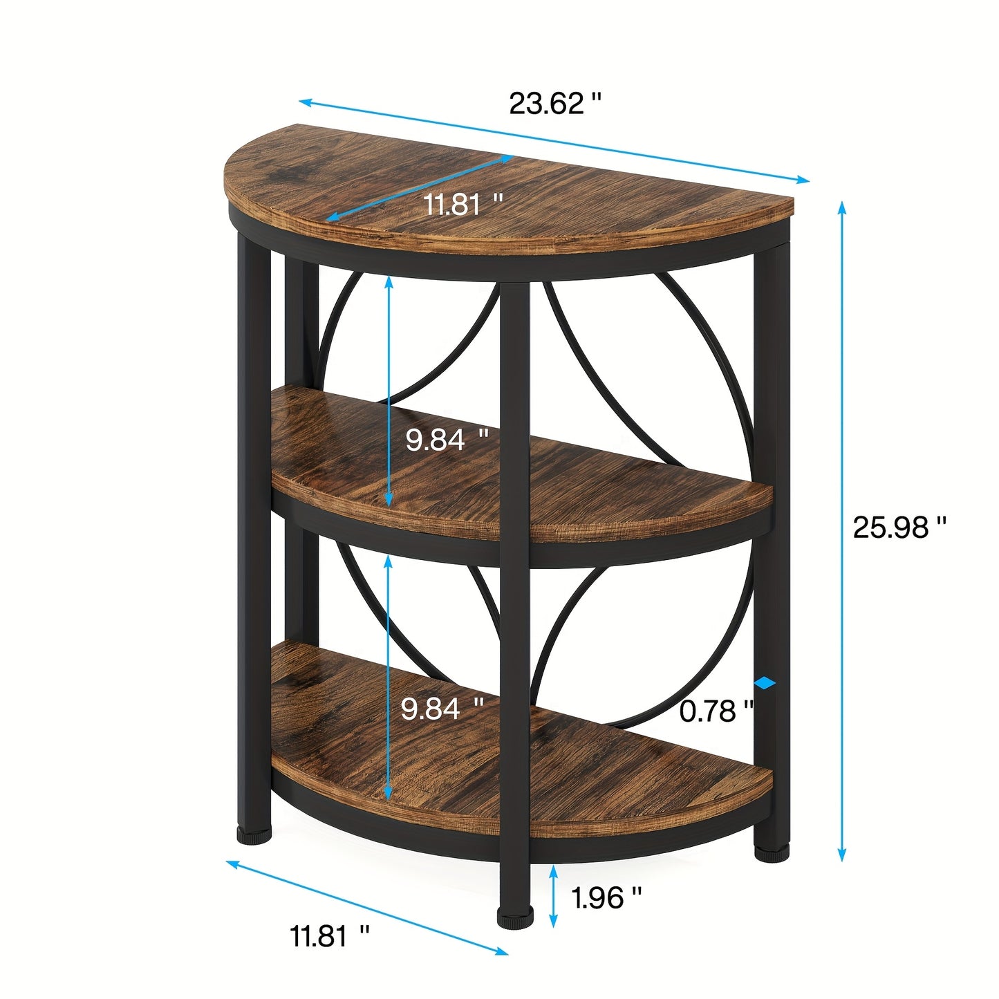 Nutshell vintage industrial end table with three wooden shelves and metal frame dimensions shown