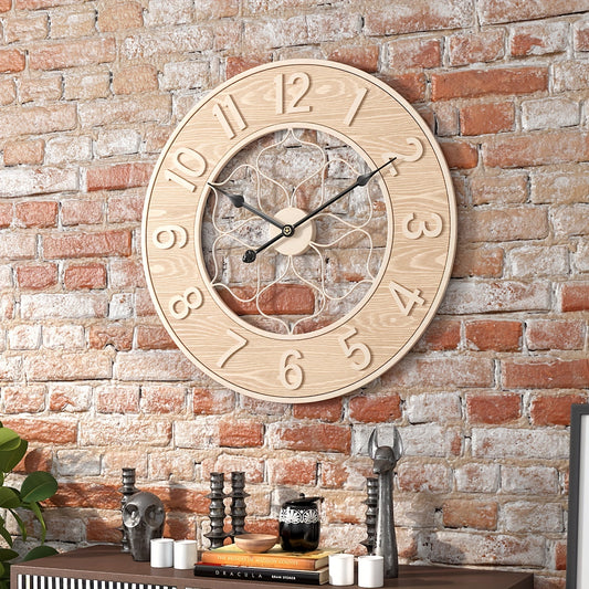 Nutshell Vintage Metal Wall Clock with a Natural Wood Finish and Elegant Design for Home Decor
