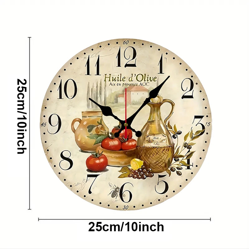 Vintage olive oil wall clock featuring olive oil pitcher and tomatoes in a classic design