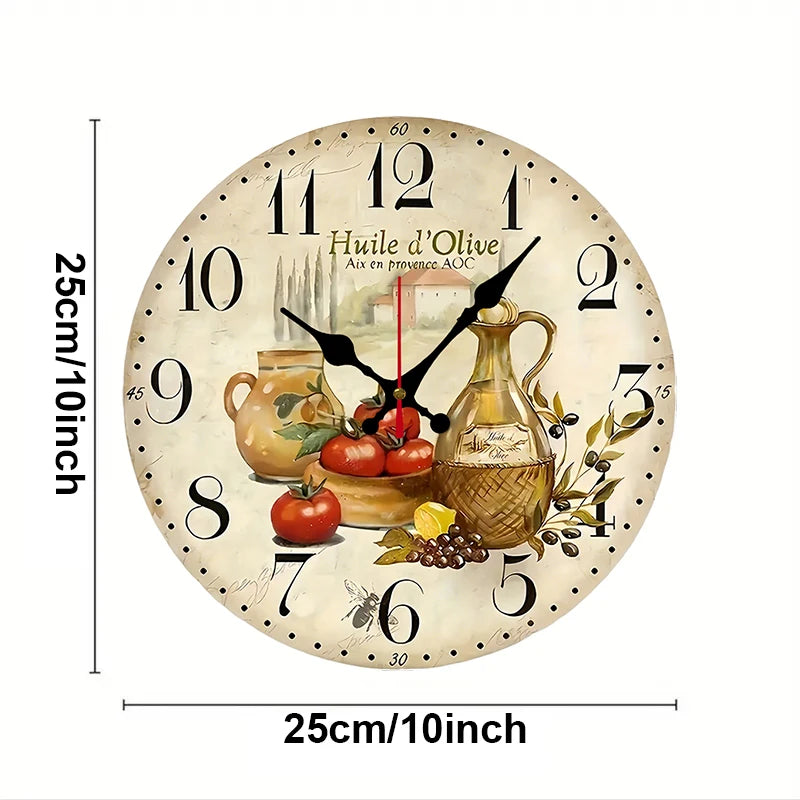 Vintage olive oil wall clock featuring a rustic design with tomatoes and olive oil pitcher