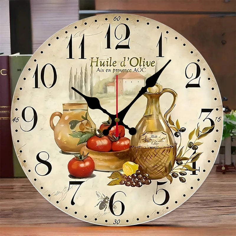 Vintage olive oil wall clock featuring a rustic design with olives, tomatoes, and a decorative clock face