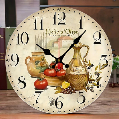 Vintage olive oil wall clock featuring a rustic design with olives, tomatoes, and a decorative clock face