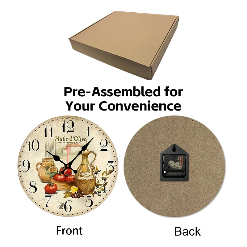 Vintage olive oil wall clock featuring a charming design with olive oil images and a simple back for easy hanging