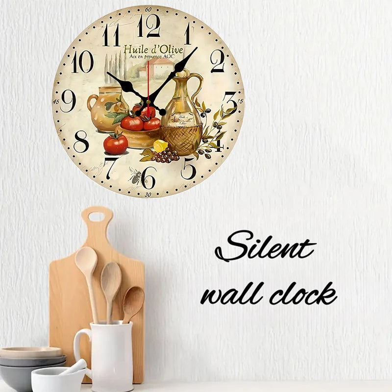 Vintage olive oil wall clock with rustic design featuring olive jugs and tomatoes on a cream background