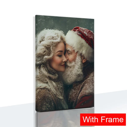 Framed vintage Santa and Mrs Claus wall art featuring a snowy, romantic scene