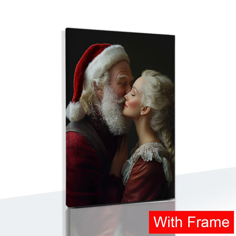 Framed vintage Santa and Mrs Claus wall art depicting a romantic moment between the two characters