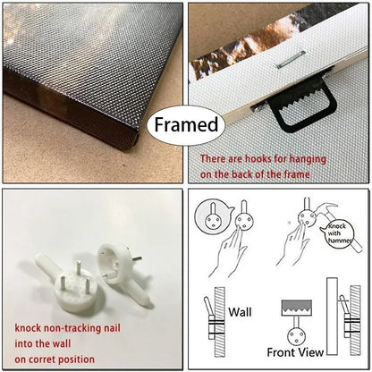 Instructions for hanging framed vintage Santa and Mrs Claus wall art with mounting hooks and nails