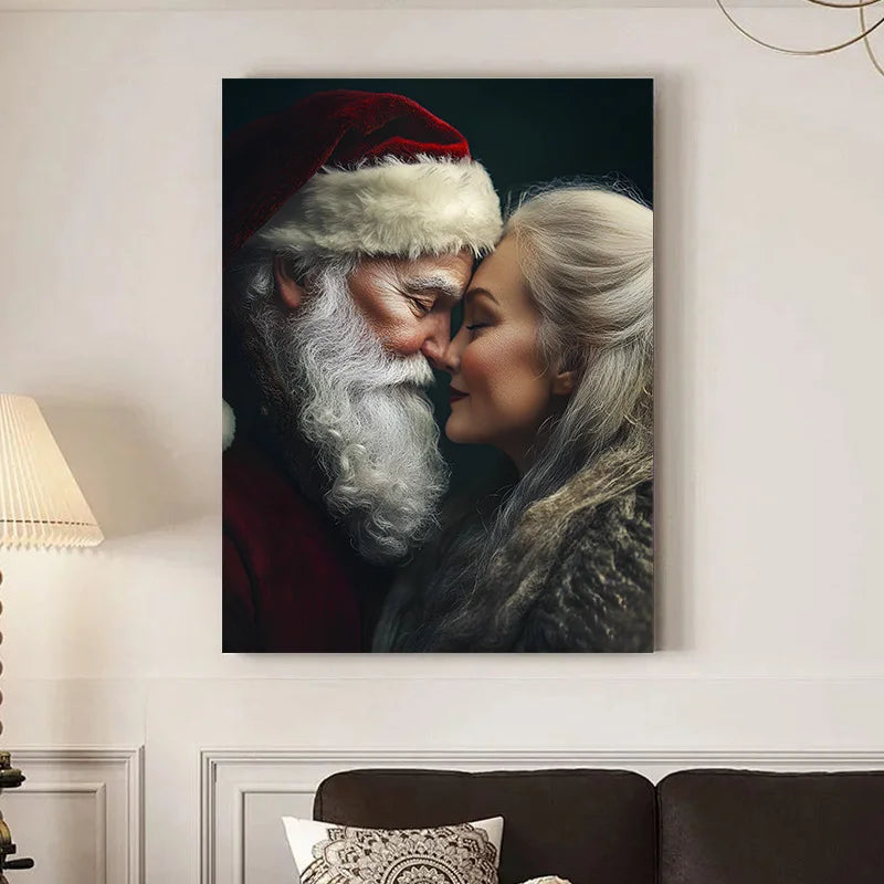 Vintage Santa and Mrs Claus wall art featuring a close-up joyful portrait of the couple