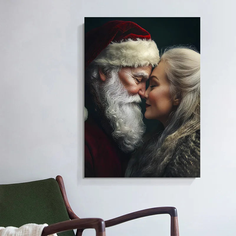 Vintage Santa and Mrs Claus wall art featuring a close-up of their affectionate faces