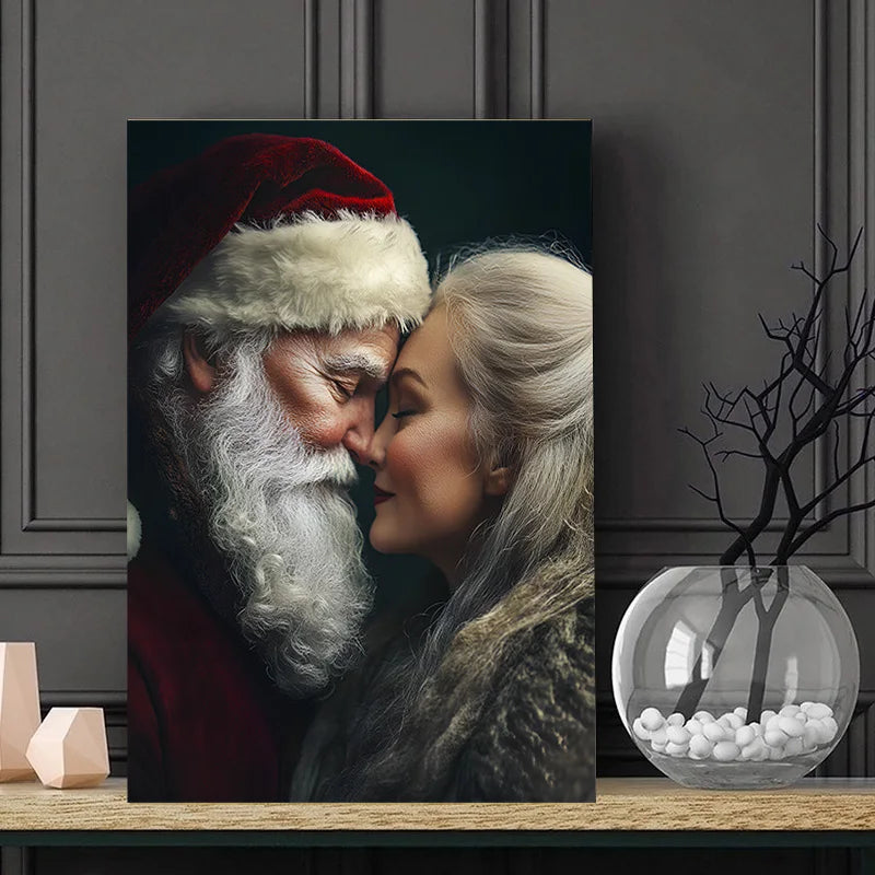 Vintage Santa and Mrs Claus wall art featuring a close embrace in festive attire