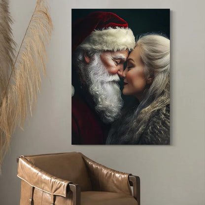 Vintage Santa and Mrs Claus wall art depicting a warm embrace of the iconic holiday couple