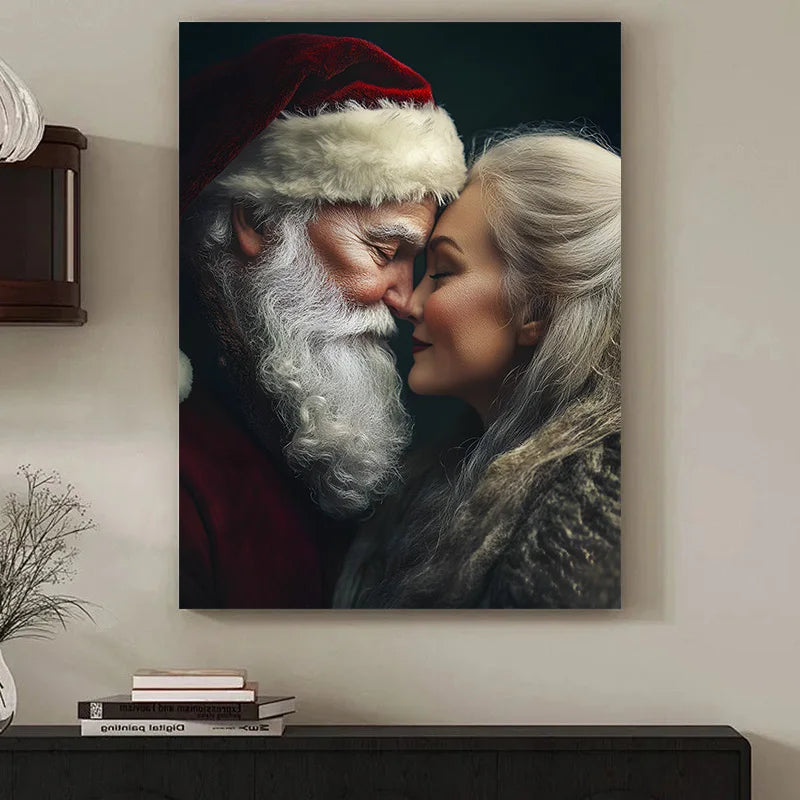 Vintage Santa and Mrs Claus wall art featuring a close-up of their faces sharing a tender moment