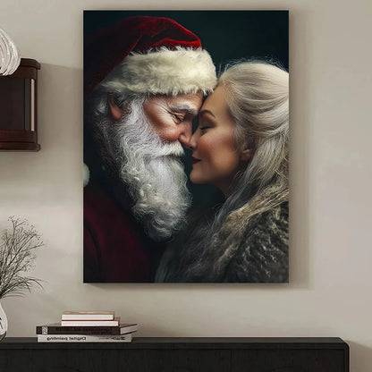 Vintage Santa and Mrs Claus wall art featuring a close-up of their faces sharing a tender moment