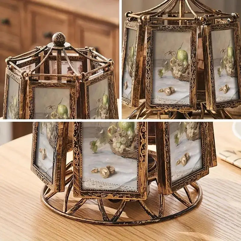 Vintage wedding picture frame carousel display with multiple portraits and a decorative design
