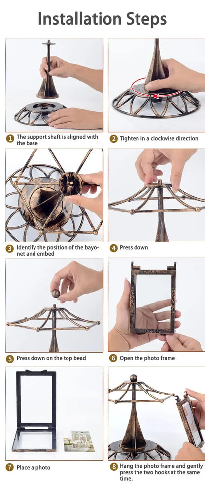 Installation guide for a vintage wedding picture frame showing step-by-step assembly process